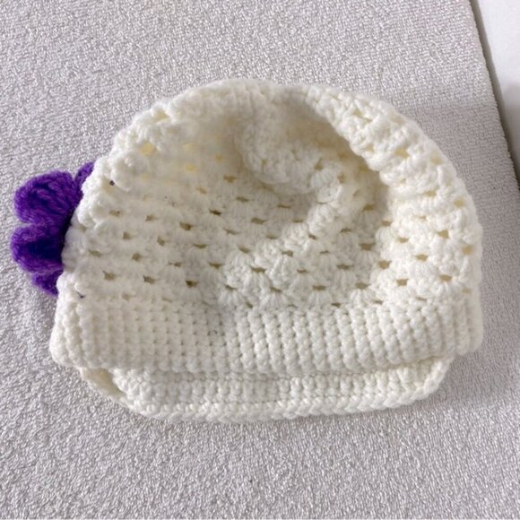 Handmade Cream Crochet Hat With Purple Crochet Flower - Picture 2 of 9